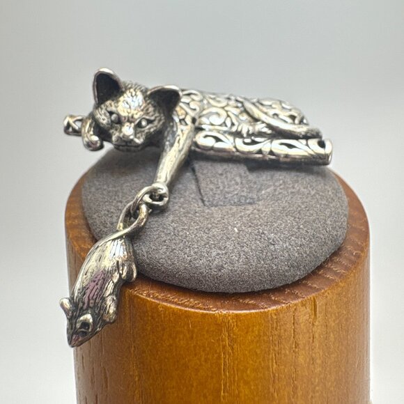 VTG Sterling Silver 925 Cat & Mouse Scroll Design Brooch Size 1.5" Length - Picture 8 of 16